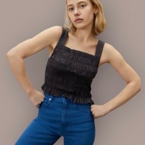 Everlane Tank Top Womens Black Crop Blouse The Smocked Cami Square Neck